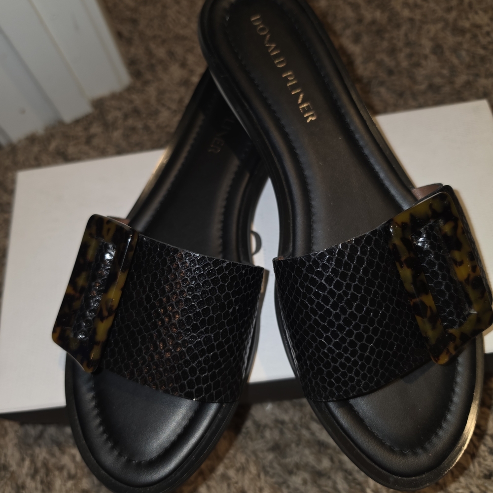 Donald J. Pliner Black Slide Sandals with Tortoiseshell Accent Buckles